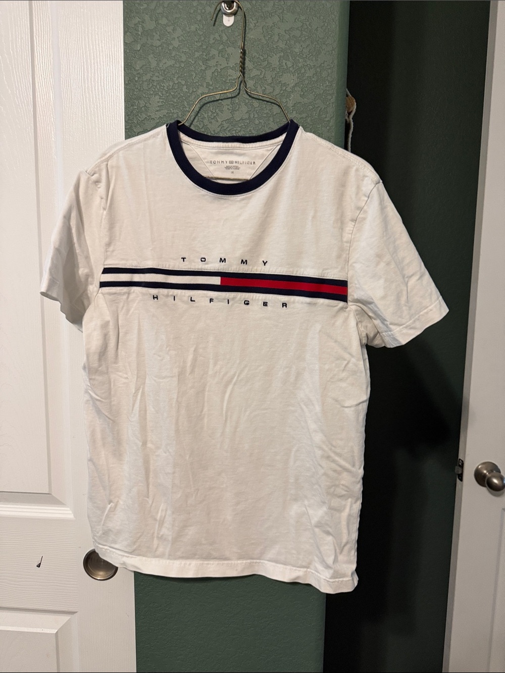 Tommy Hilfiger White Tee with Navy & Red Chest Stripe